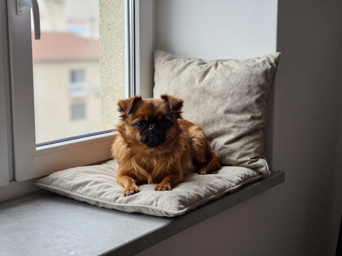 Brussels Griffon Resting on Phoenix Window Seat in on a window seat in a quiet apartment with soft side light in Phoenix