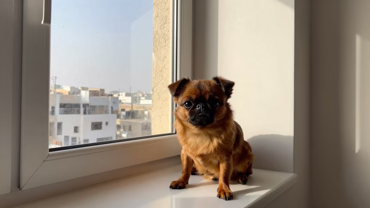 Brussels Griffon Resting on Window Seat in Jeddah in on a window seat in a quiet apartment with soft side light in Jeddah