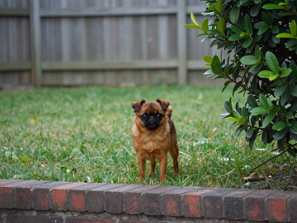 Brussels Griffon Stands Centered in Calm Yard in in a small yard with clipped grass, calm light, and the animal centered in frame in Bridgetown