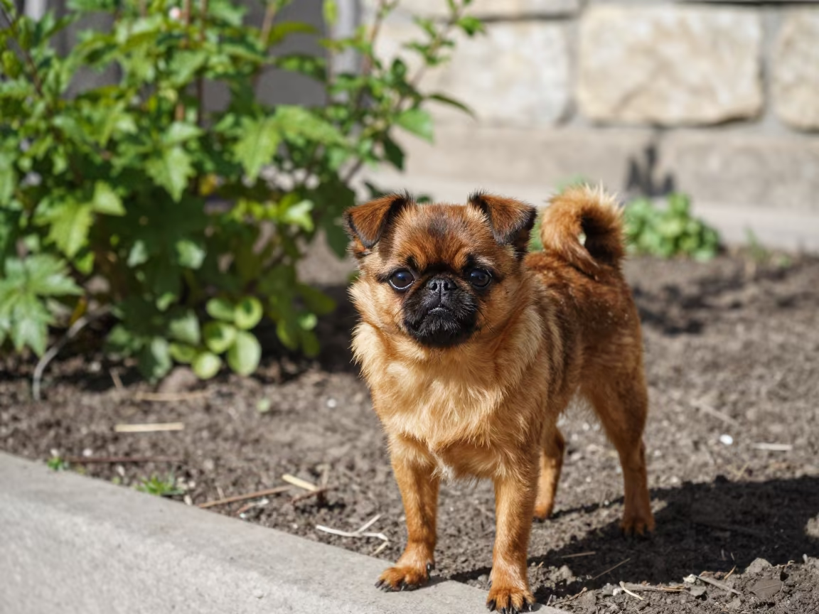 Brussels Griffon Stands In Baku Garden Morning Light in near a garden edge with soft morning light and an uncluttered background in Baku