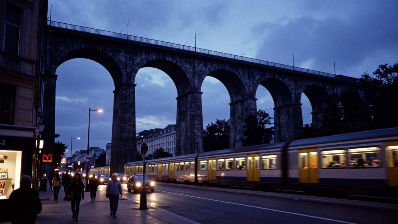 Brussels indigo twilight railway viaduct arches passing train street scene in in Brussels, Belgium