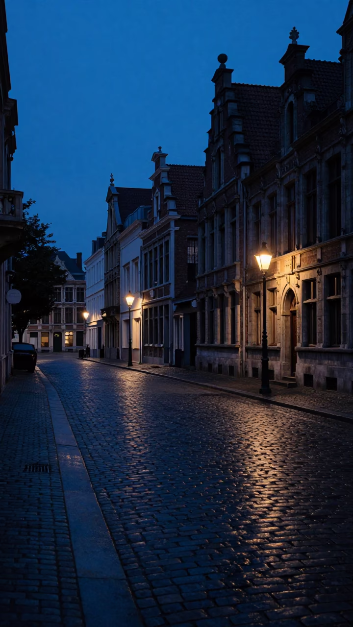 Brussels indigo twilight street scene with cobblestones and traditional architecture in in Brussels, Belgium