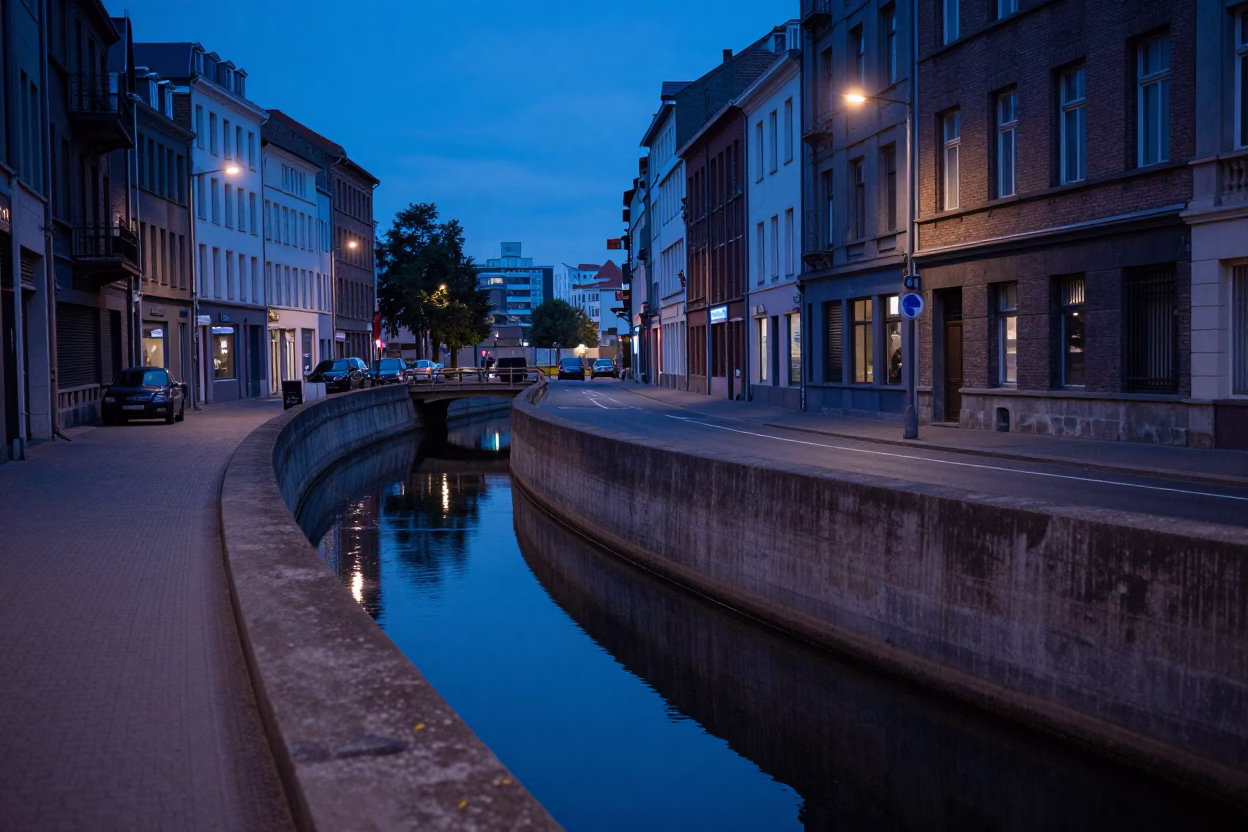 Brussels Indigo Twilight Street Scene with Concrete Canal and Urban Decay Details in in Brussels, Belgium