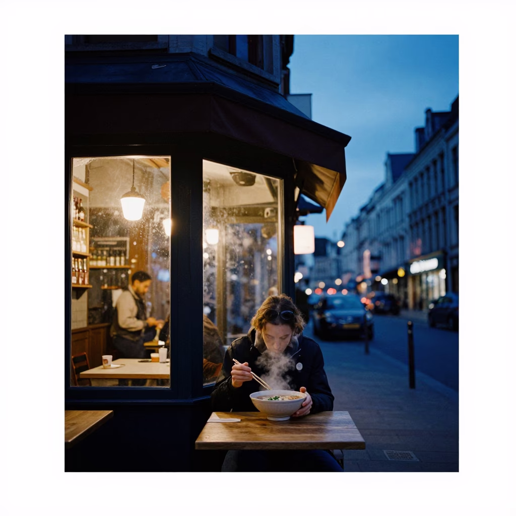 Brussels Indigo Twilight Street Scene with Local Diner Enjoying Steaming Pho in in Brussels, Belgium
