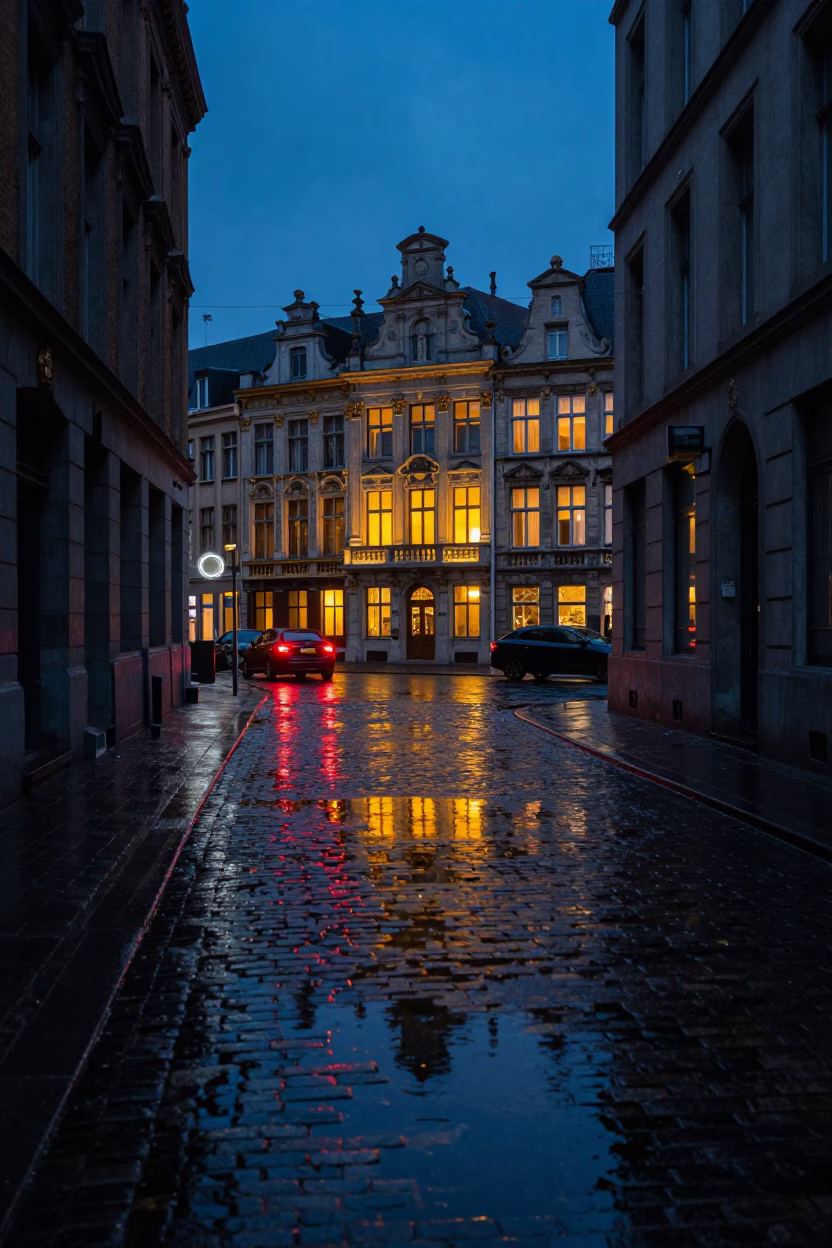 Brussels Indigo Twilight Street Scene with Puddle Reflections and Urban Life in in Brussels, Belgium