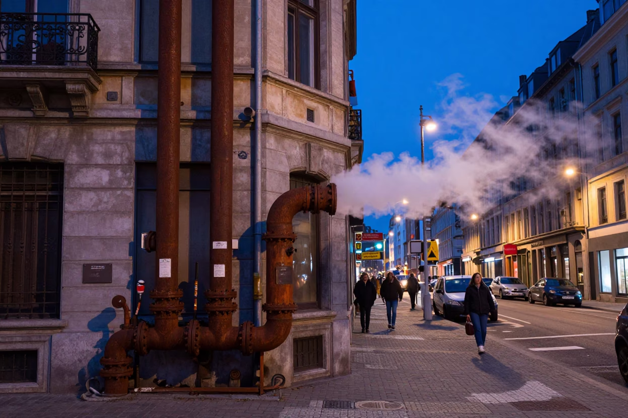 Brussels indigo twilight street scene with steaming district heating pipes and historic architecture in in Brussels, Belgium