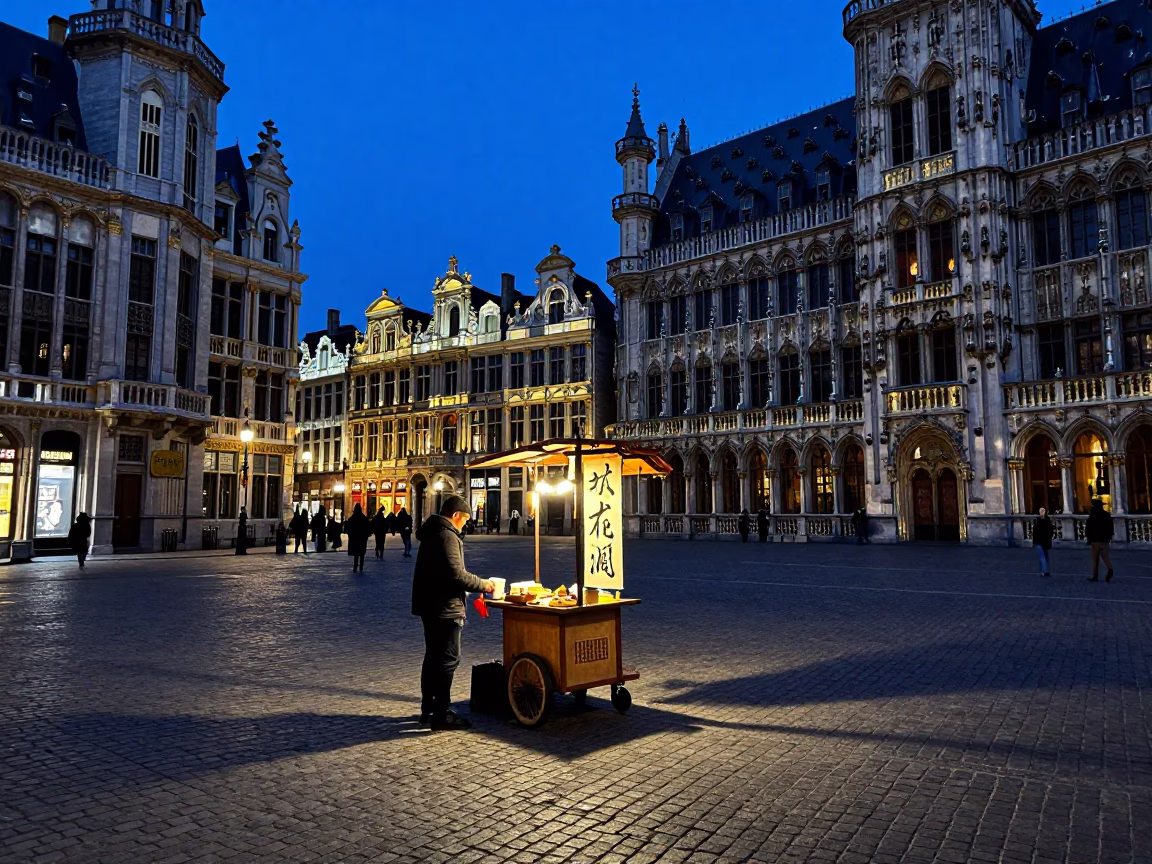 Brussels Indigo Twilight Street Scene with Traditional Calligraphy Demonstration and Matcha Latte in in Brussels, Belgium