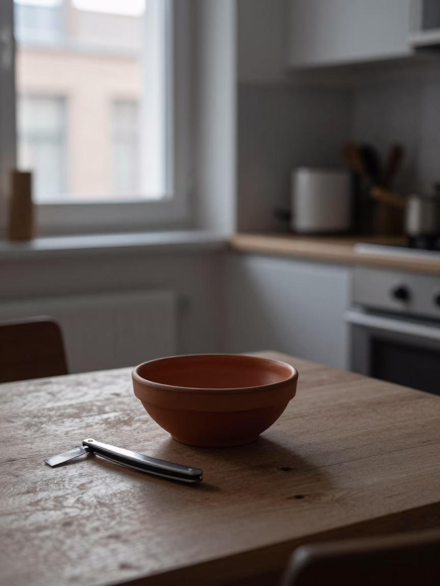 Brussels Kitchen Before Dawn with Terracotta Bowl and Wood Grain Stool in in Brussels, Belgium