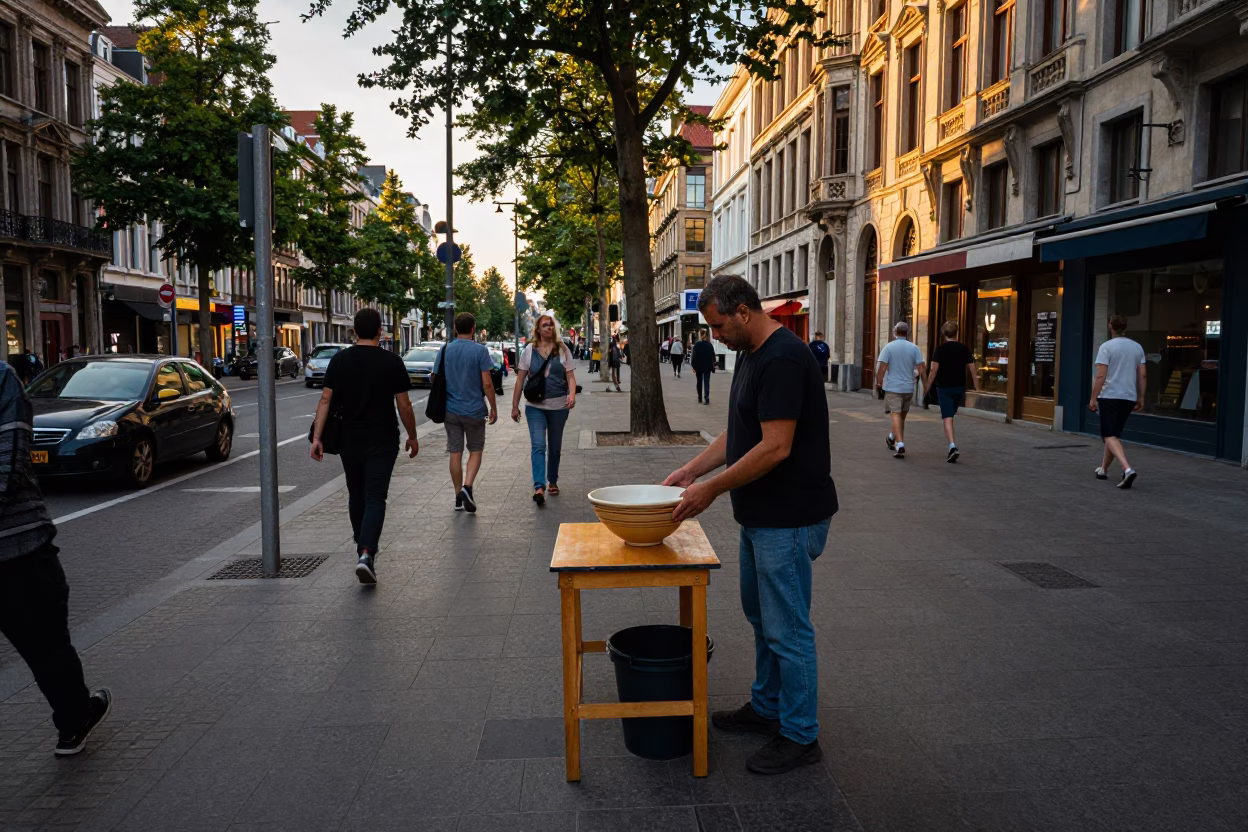 Brussels Late Afternoon Street Scene with Bowl and Classroom Projector Beam in in Brussels, Belgium