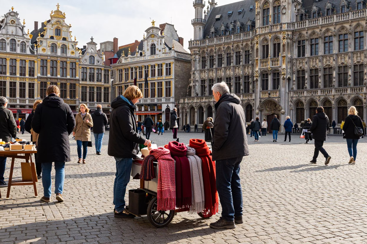 Brussels late morning street scene with local vendors and commuters near Grand Place in in Brussels, Belgium