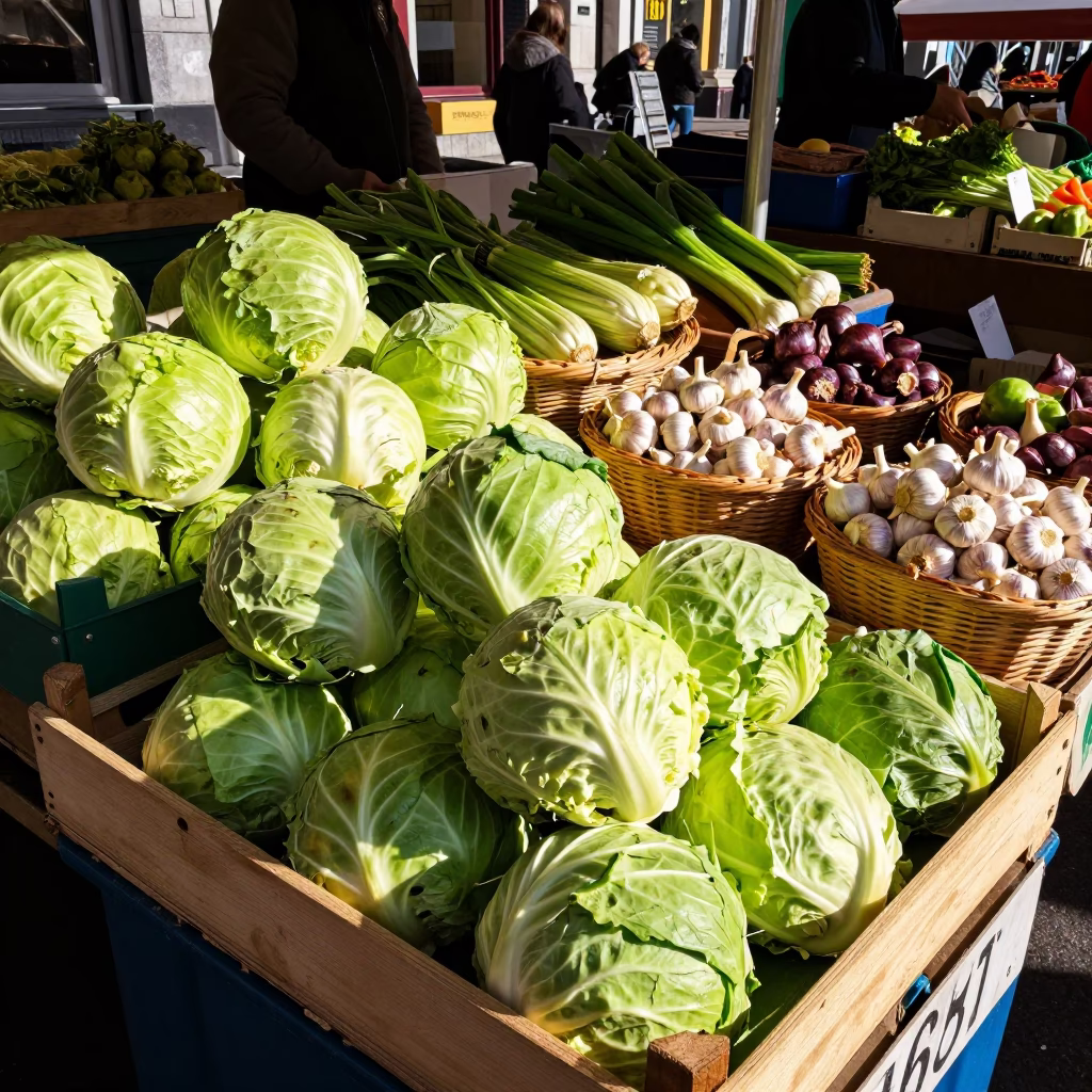 Brussels Market Stall Displaying Fresh Cabbages and Garlic Bulbs in Late Morning Light in in Brussels, Belgium