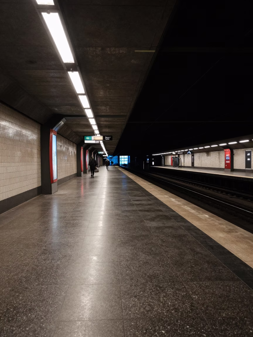 Brussels Metro Station Art-Adorned Platform in Predawn Darkness with Colorful Tile Mosaics in in Brussels, Belgium