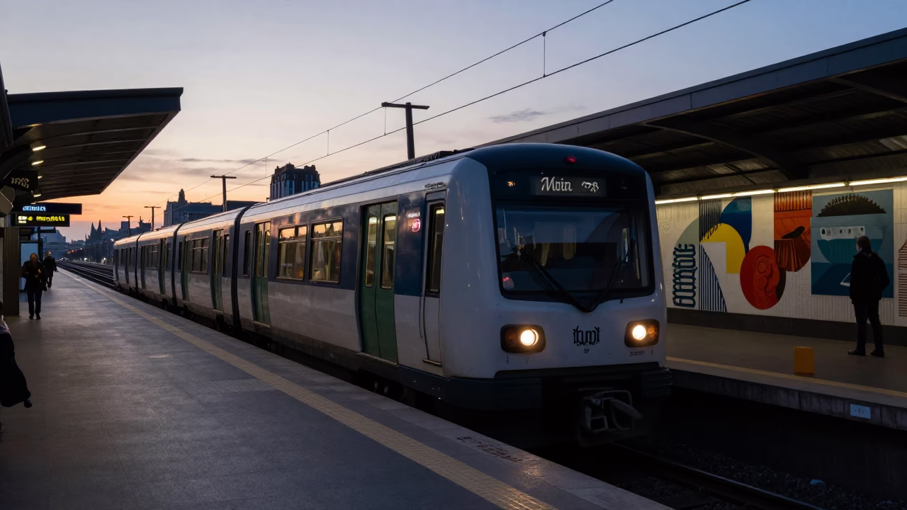 Brussels Metro Station Art Adorned Train Arrival Pre-Dawn Cool Stillness Before Sunrise in in Brussels, Belgium