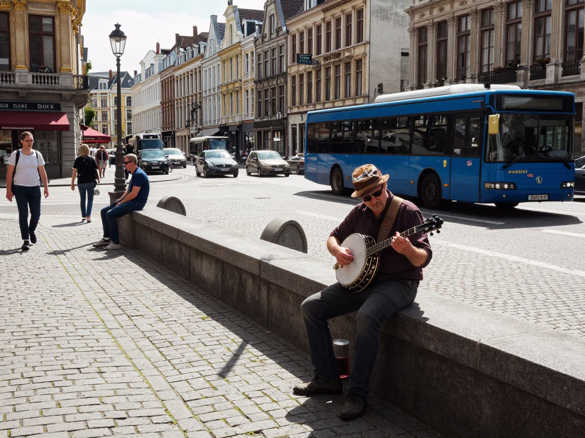 Brussels Midday Street Scene with Banjo Player and Classic Bus in Belgium in in Brussels, Belgium
