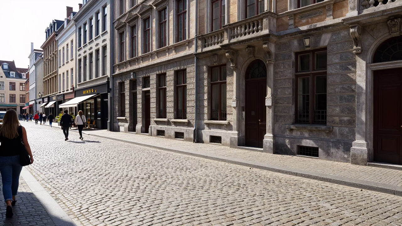 Brussels Midday Street Scene with Cobblestones and Traditional Architecture in in Brussels, Belgium