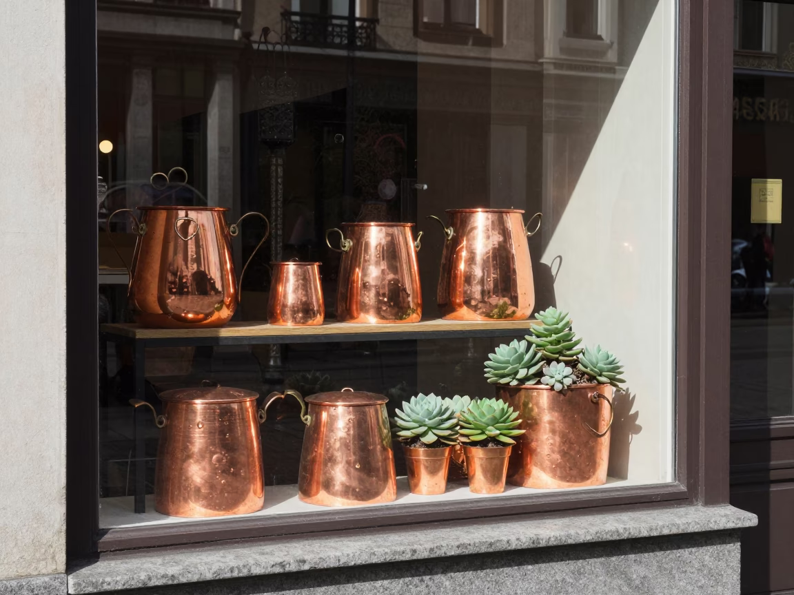 Brussels Midday Street Scene with Copper Pots and Succulents in in Brussels, Belgium
