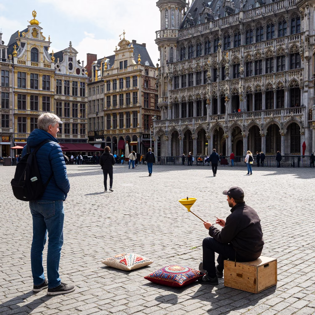 Brussels Midday Street Scene with Embroidered Cushion and Spinning Top in in Brussels, Belgium