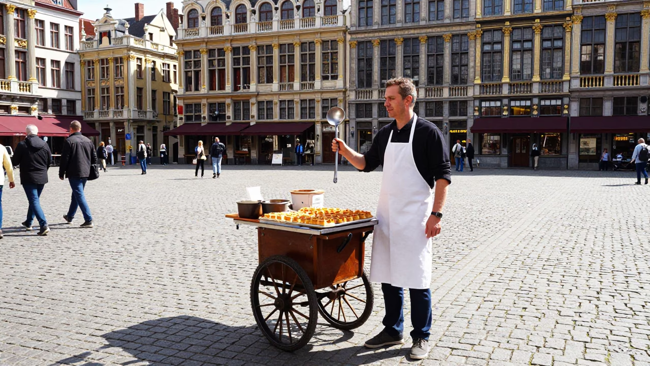 Brussels Midmorning Street Scene with Belgian Waffle Vendor and Traditional Architecture in in Brussels, Belgium