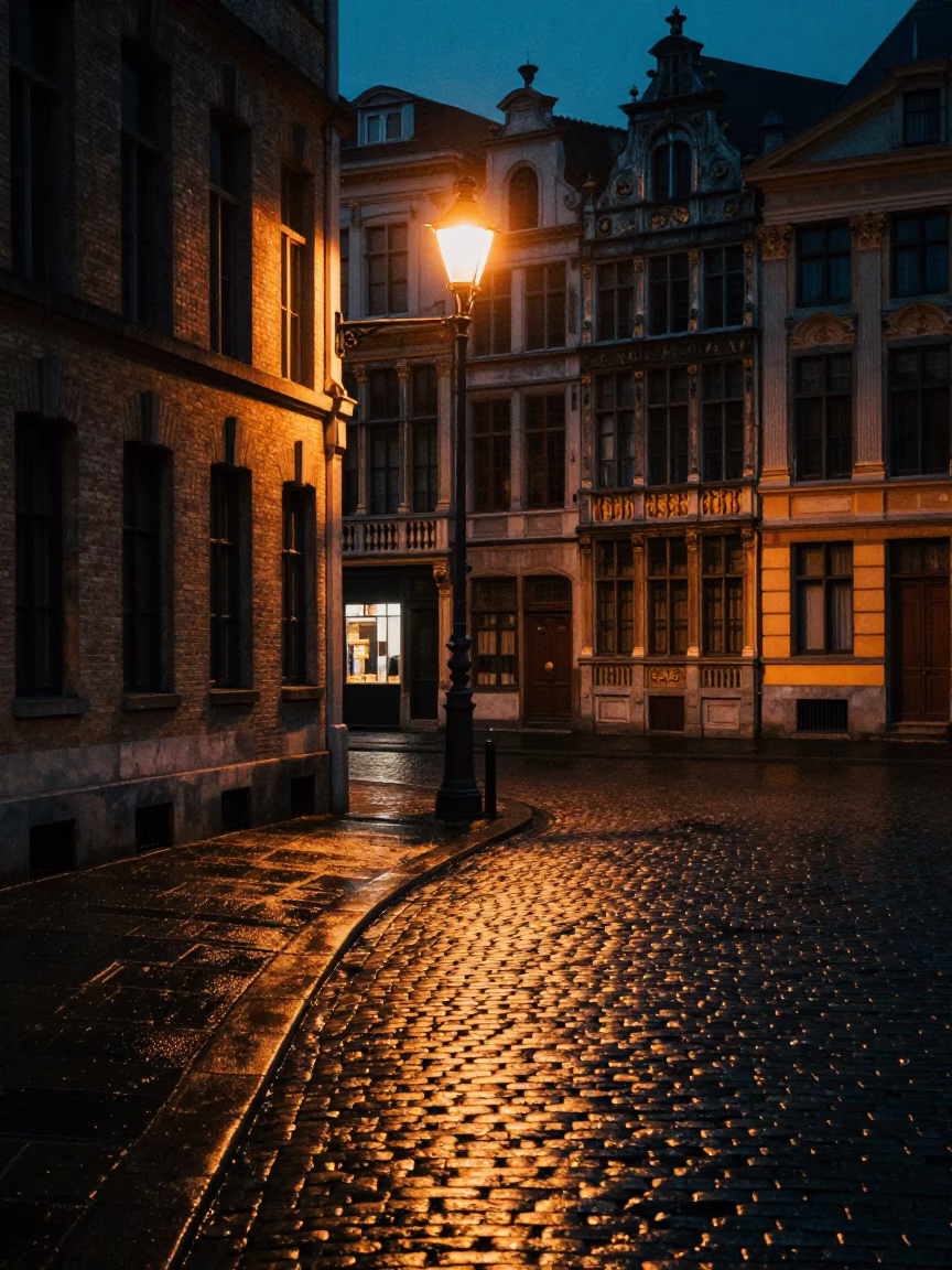 Brussels Midnight Street Scene with Cobblestones and Historic Architecture in in Brussels, Belgium