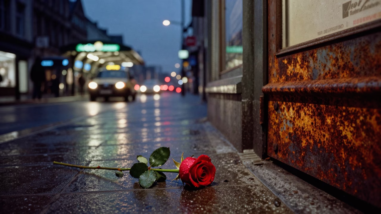 Brussels Midnight Street Scene with Red Rose and Rusty Doorframe in in Brussels, Belgium