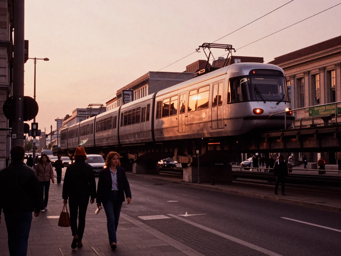 Brussels Monorail Copper Dusk Street Scene with Urban Details in in Brussels, Belgium