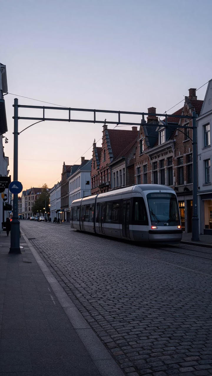 Brussels Monorail Overlooking Cobblestone Street at Dawn in in Brussels, Belgium