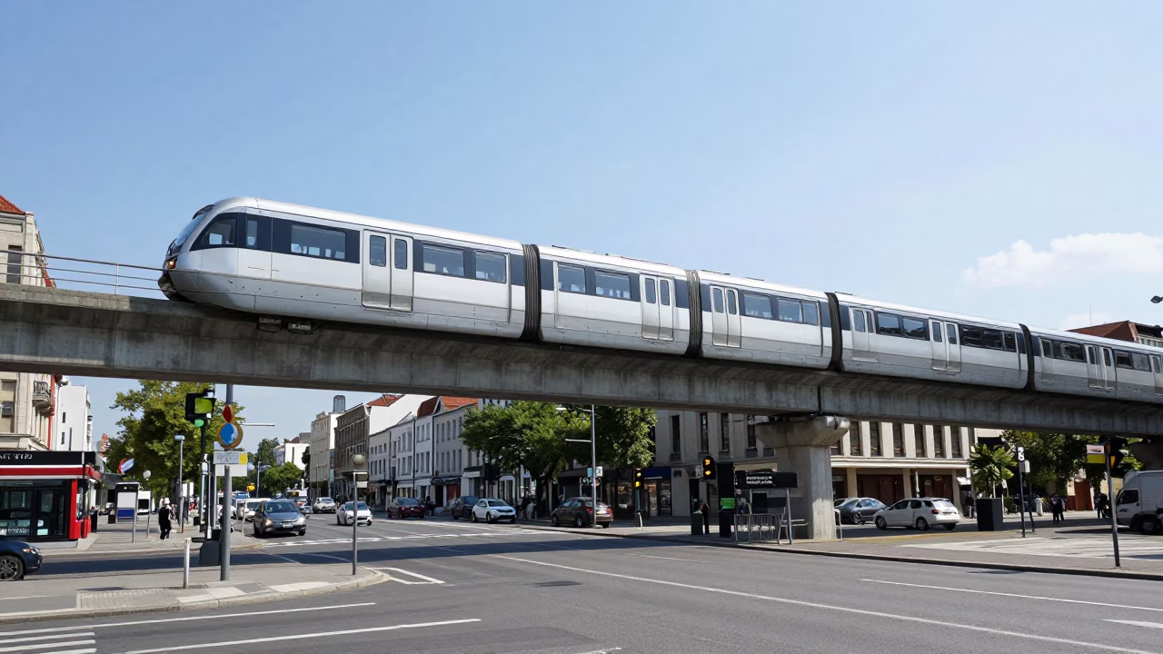 Brussels Monorail Passing Over City Street Under Flat Noon Light in in Brussels, Belgium
