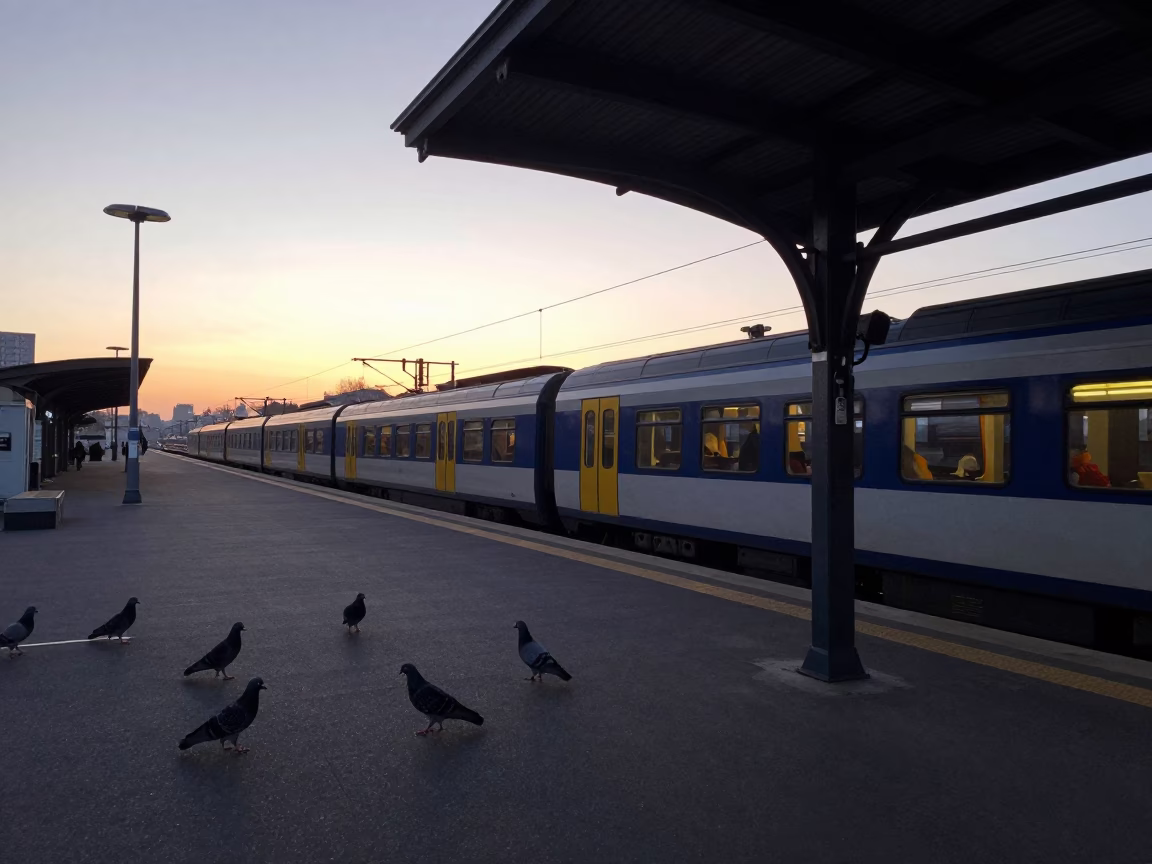 Brussels Morning Commuter Train Platform Before Sunrise with Pigeons in in Brussels, Belgium