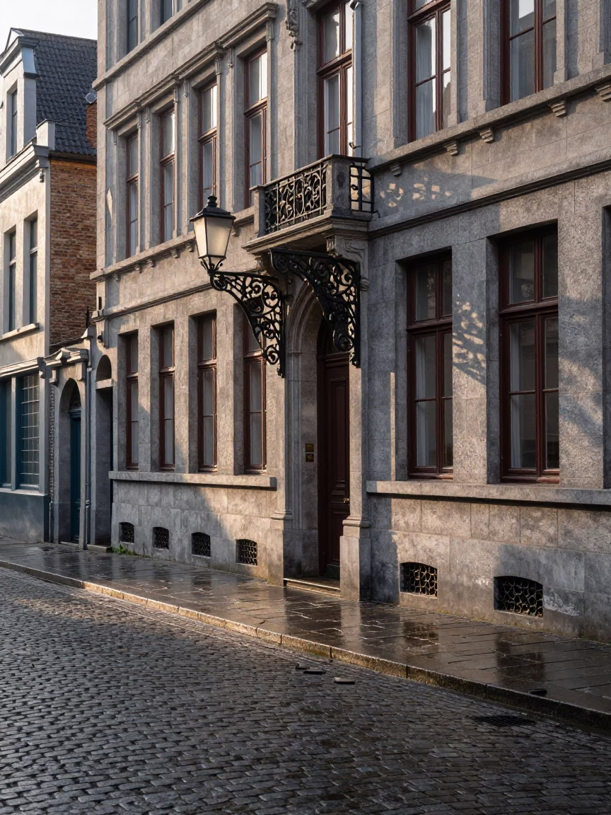 Brussels Morning Light and Cobblestone Street Life with Local Commuters in in Brussels, Belgium