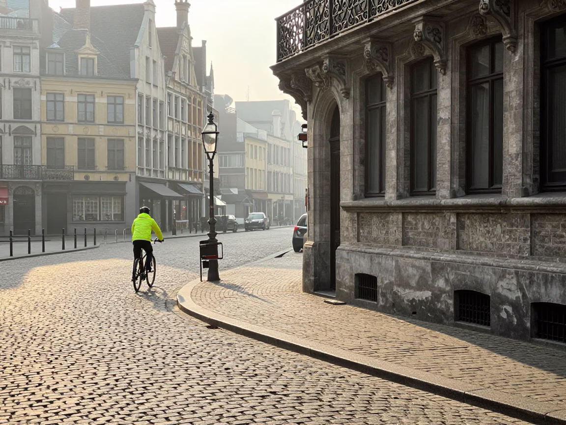 Brussels Morning Light on Cobblestone Street with Cyclist and Architectural Details in in Brussels, Belgium