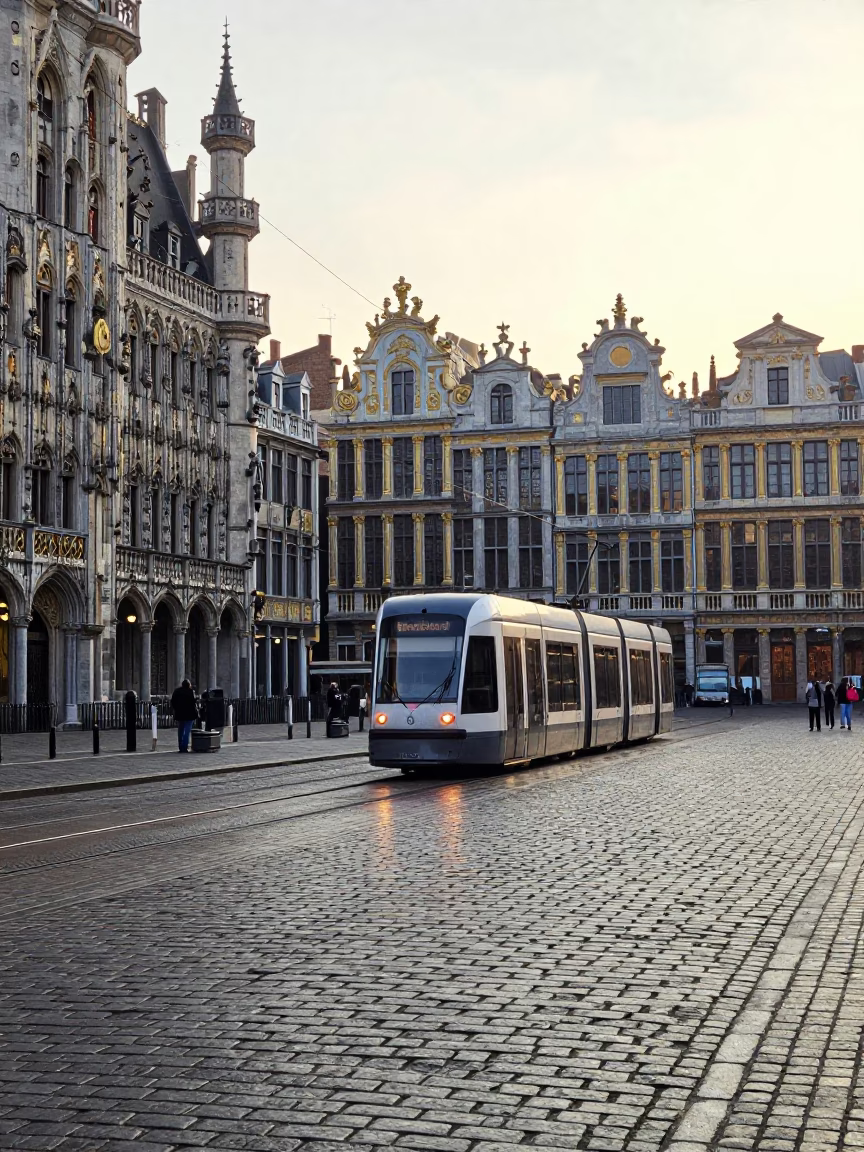Brussels Morning Light on Grand Place Cobblestones with Tram and Tourists in in Brussels, Belgium