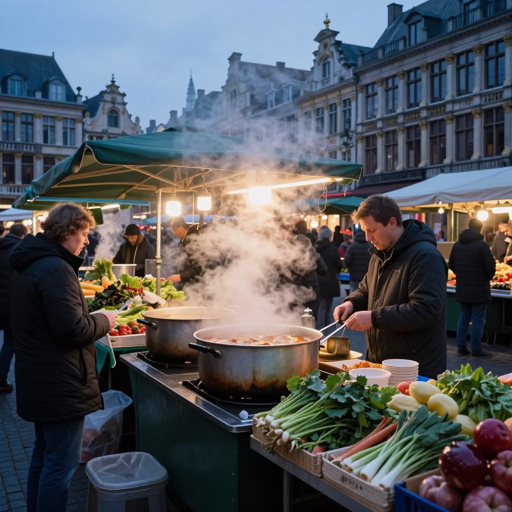 Brussels Morning Market Stall with Steam and Fresh Produce Before Sunrise in in Brussels, Belgium