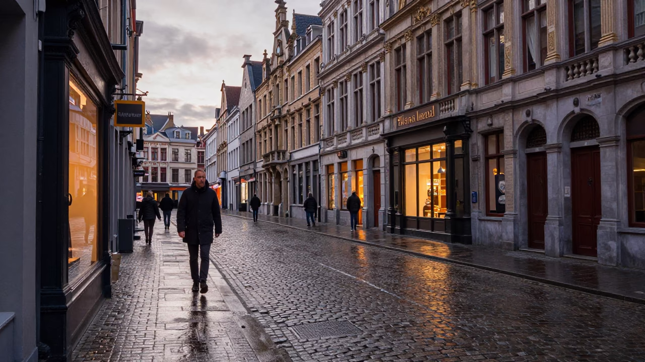 Brussels Morning Street Scene with Cobblestones and Early Light in in Brussels, Belgium