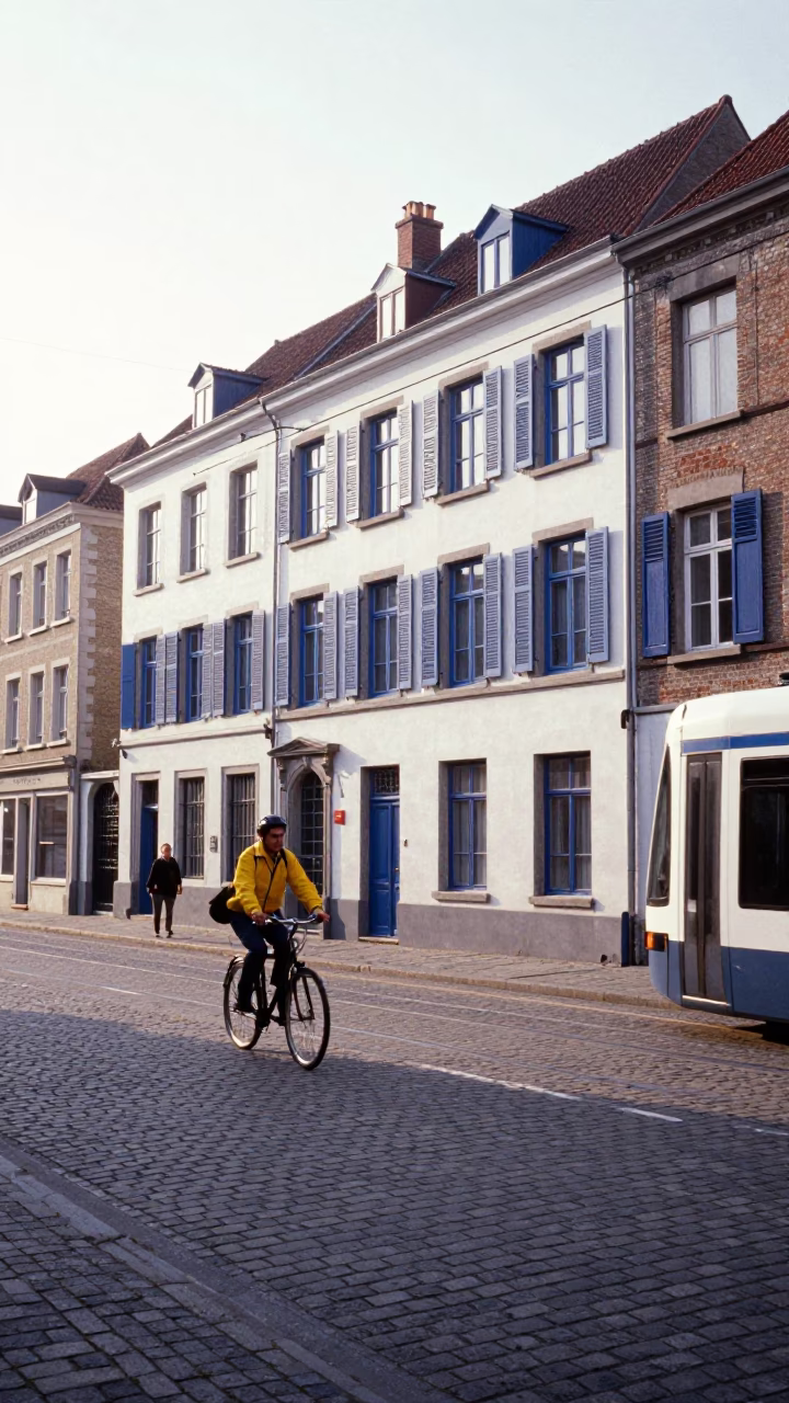 Brussels Morning Street Scene with Cyclist and Tram in Early Light in in Brussels, Belgium