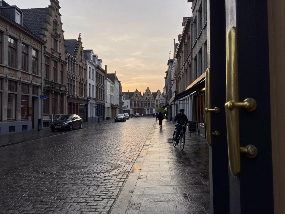 Brussels Nautical Dawn Street Scene with Brass Handle and Condensation in in Brussels, Belgium