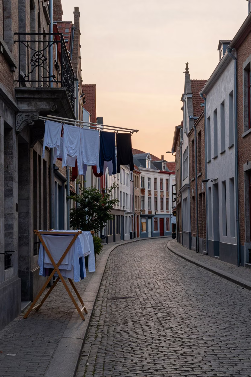 Brussels Nautical Dawn Street Scene with Drying Rack and Construction Site in in Brussels, Belgium