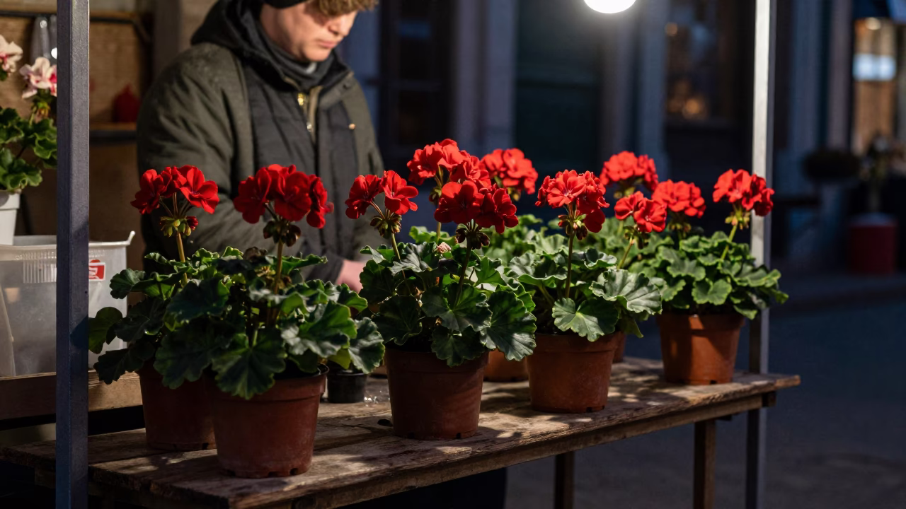 Brussels Night Market Stall Geraniums and Workbench in in Brussels, Belgium