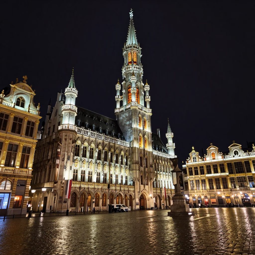 Brussels Night Scene with Bell Tower and Cobblestone Street Reflections in in Brussels, Belgium