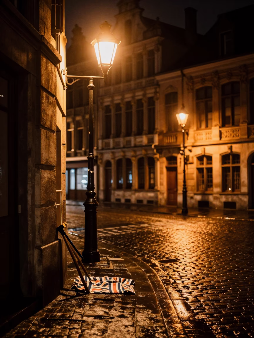 Brussels Night Scene with Crowbar and Striped Fabric on Cobblestone Street in in Brussels, Belgium