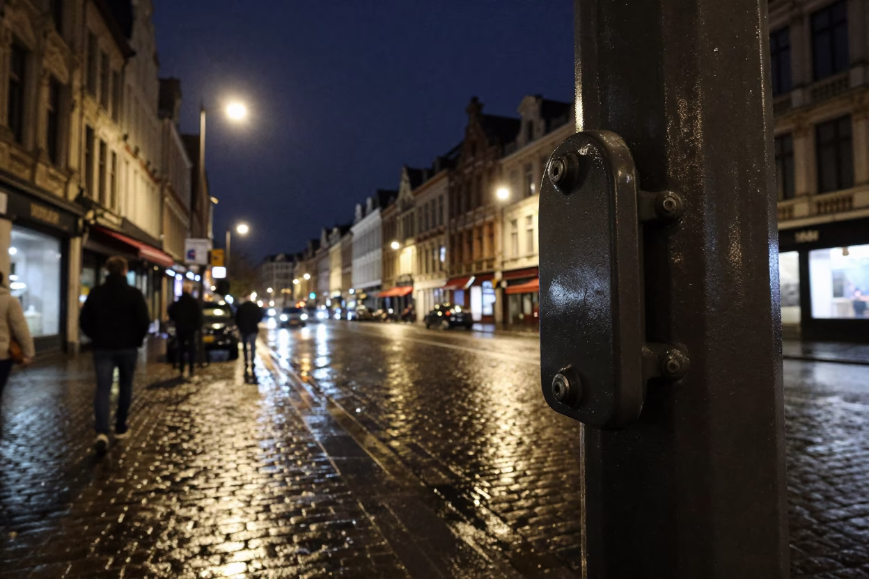 Brussels Night Scene with Grease Sheen on Handle and Lantern Festival Lights in in Brussels, Belgium