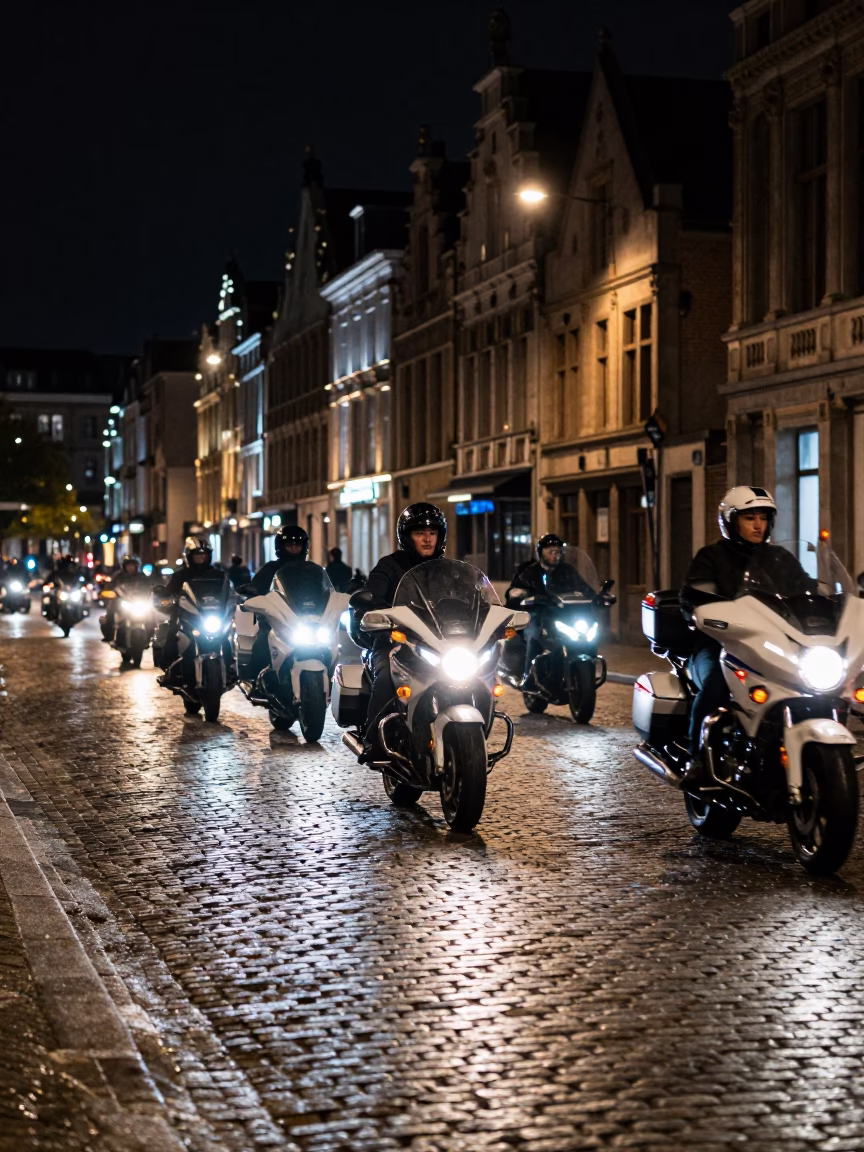 Brussels Night Scene with Motorcycle Convoy on Cobblestone Street in in Brussels, Belgium