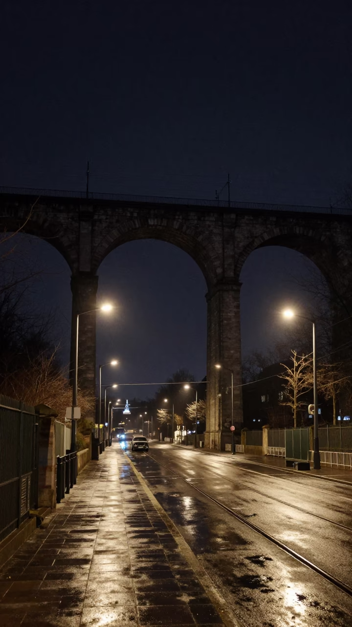Brussels Night Scene with Railway Viaduct Arches and Wet Road Reflections in in Brussels, Belgium
