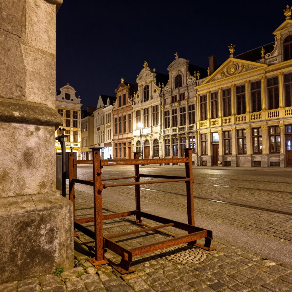 Brussels Night Scene with Rusty Tram Frame and Cobblestone Street in in Brussels, Belgium