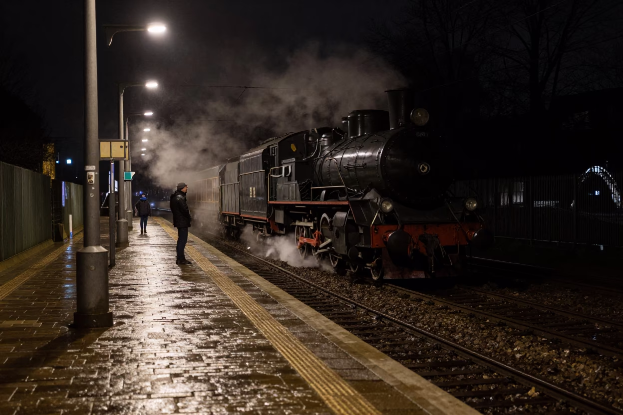 Brussels Night Scene with Train Platform Steam and Farewell Embraces in Belgium in in Brussels, Belgium