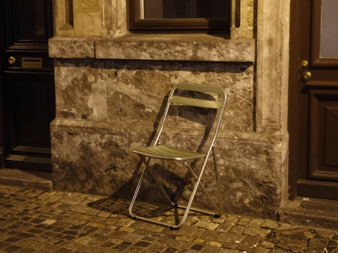 Brussels Night Street Scene with Folding Chair and Doorknob Detail in in Brussels, Belgium