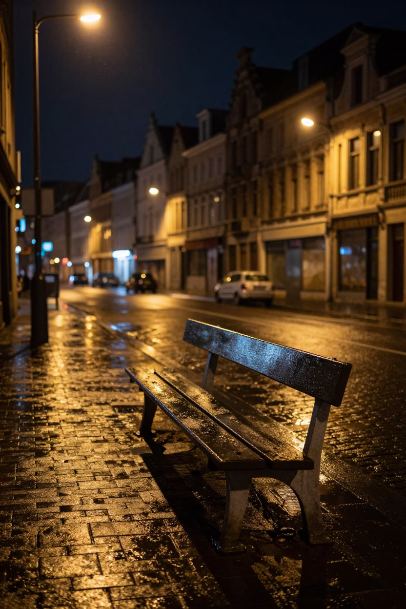 Brussels Night Street Scene with Grease Sheen on Bench and Urban Atmosphere in in Brussels, Belgium