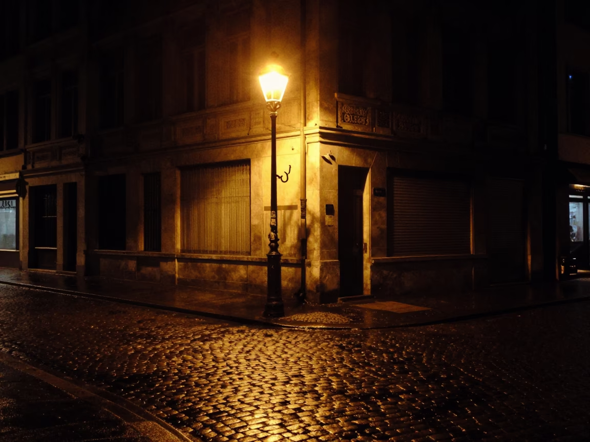 Brussels Night Street Scene with Iron Hook and Skillet Reflections in in Brussels, Belgium