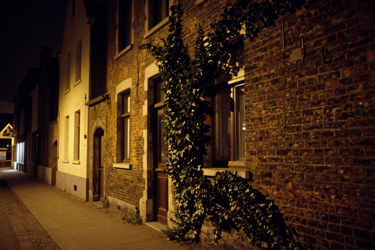Brussels Night Street Scene With Ivy On Brick Wall And Vintage Details in in Brussels, Belgium