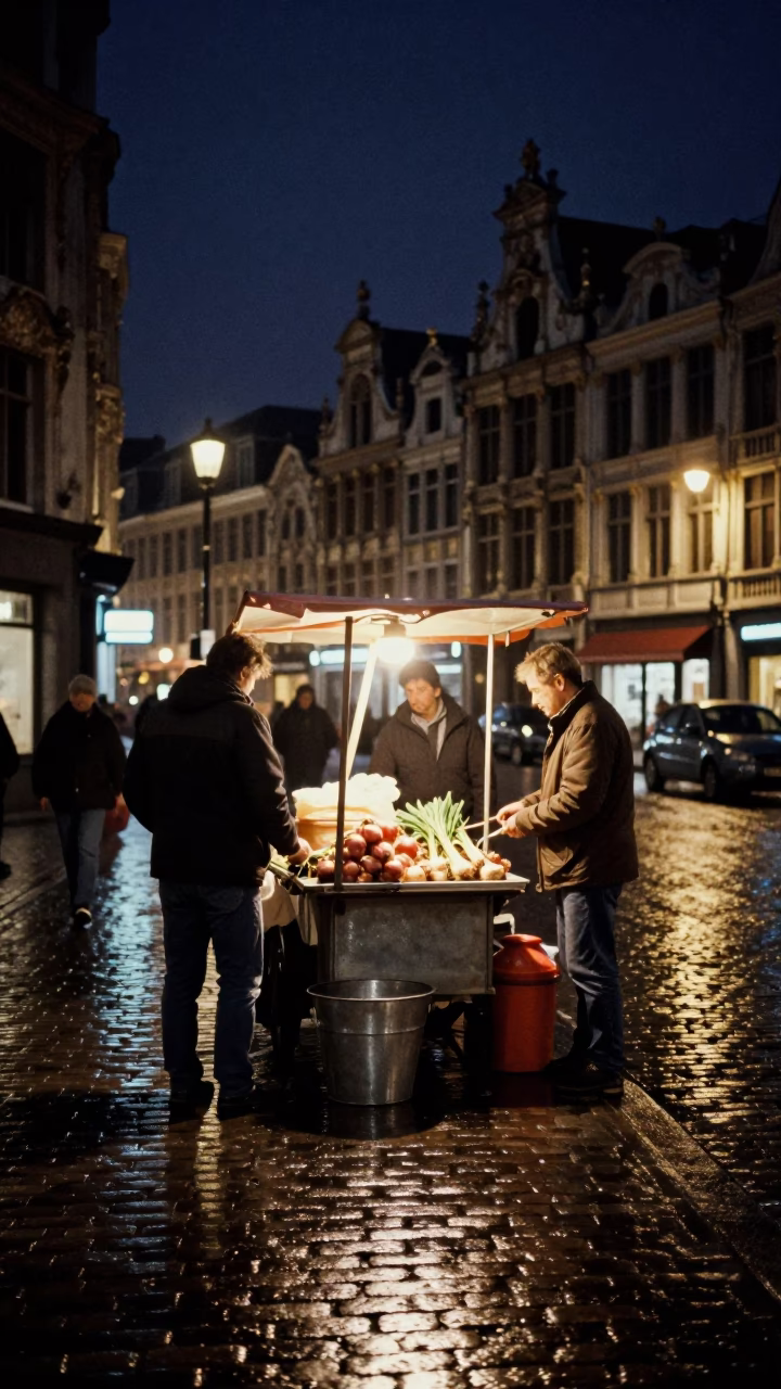 Brussels Night Street Scene with Metal Bucket and Onions Under Deep Sky in in Brussels, Belgium