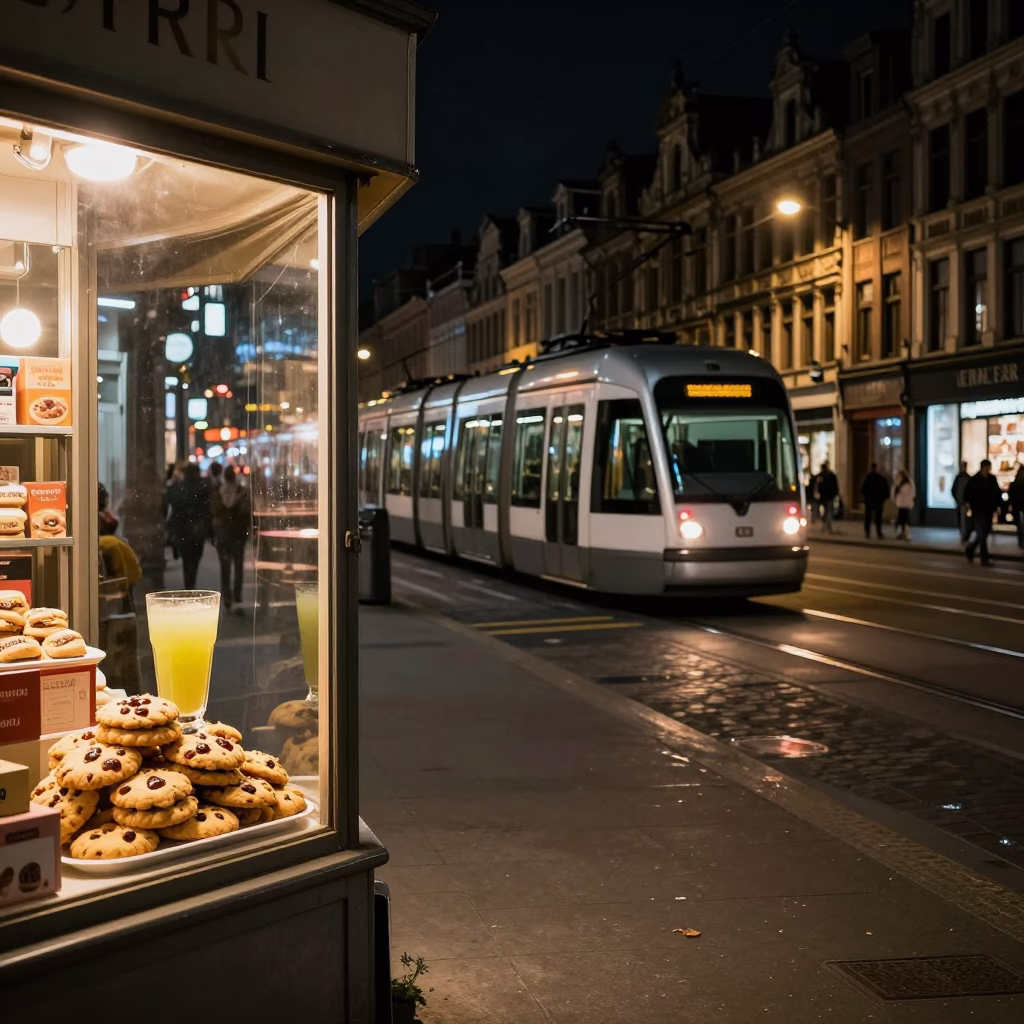 Brussels Night Street Scene with Monorail and Local Shop Display in in Brussels, Belgium